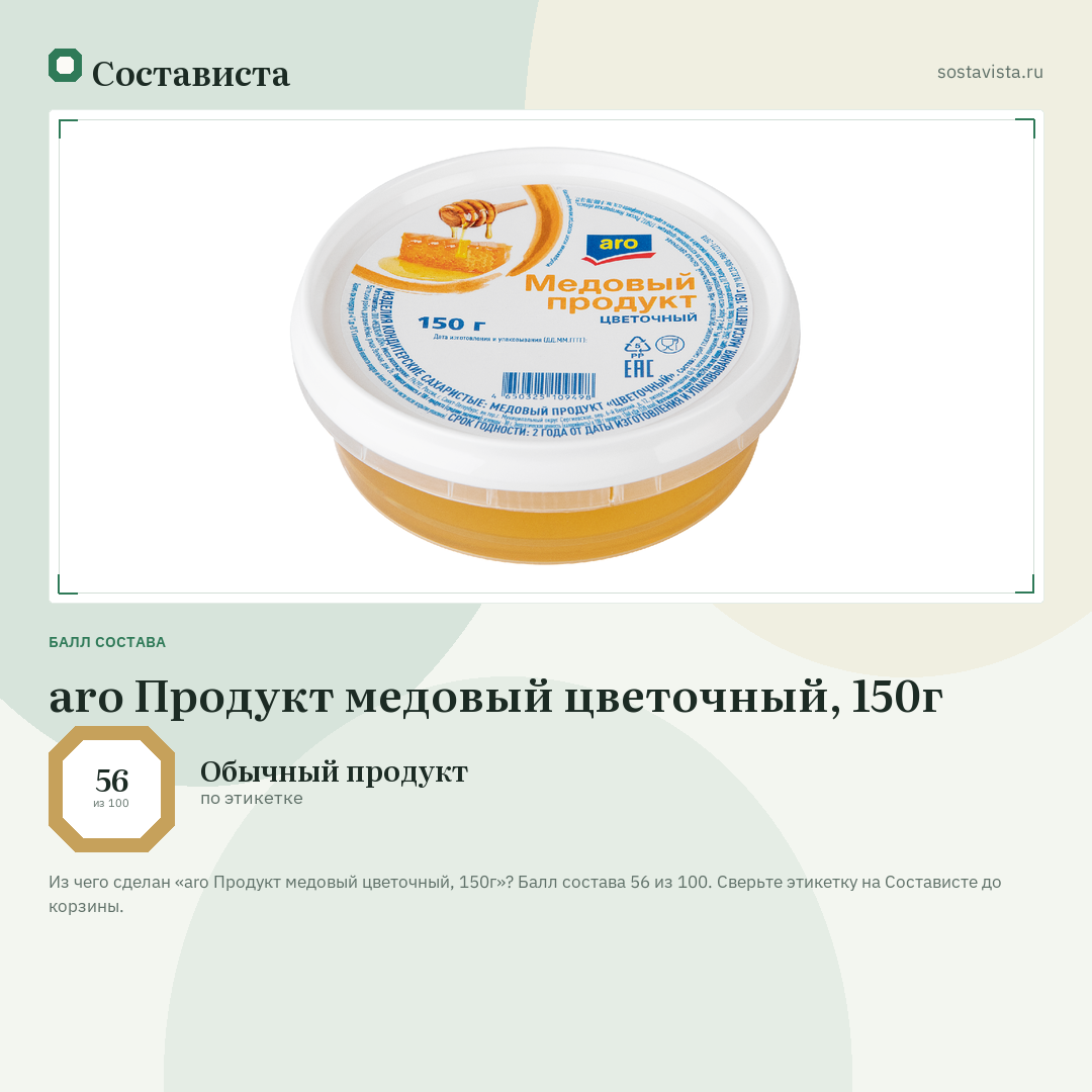 aro Продукт медовый цветочный, 150г: балл состава 56 из 100 — Состависта