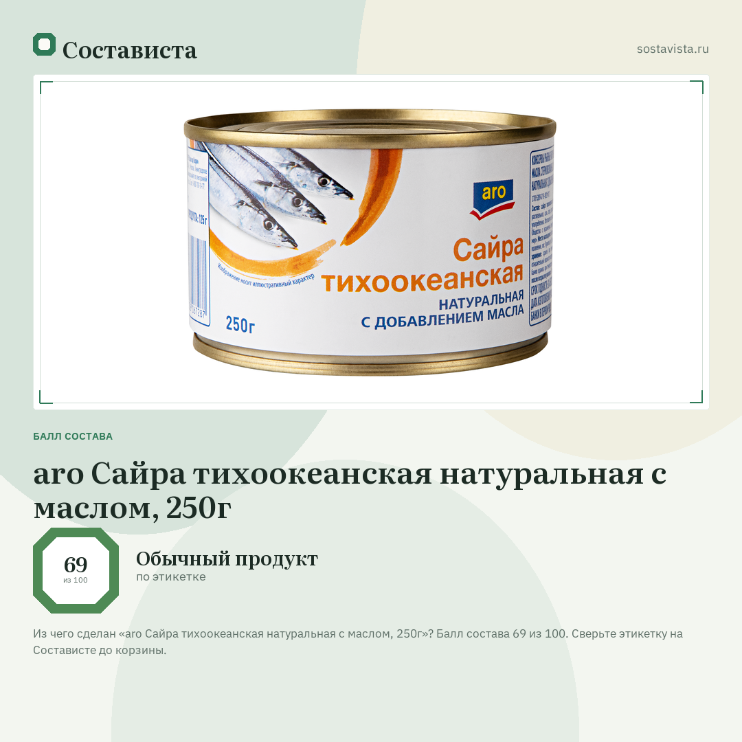 aro Сайра тихоокеанская натуральная с маслом, 250г: балл состава 69 из 100 — Состависта