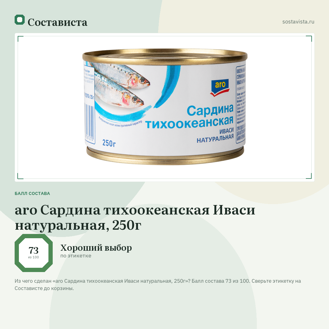 aro Сардина тихоокеанская Иваси натуральная, 250г: балл состава 73 из 100 — Состависта