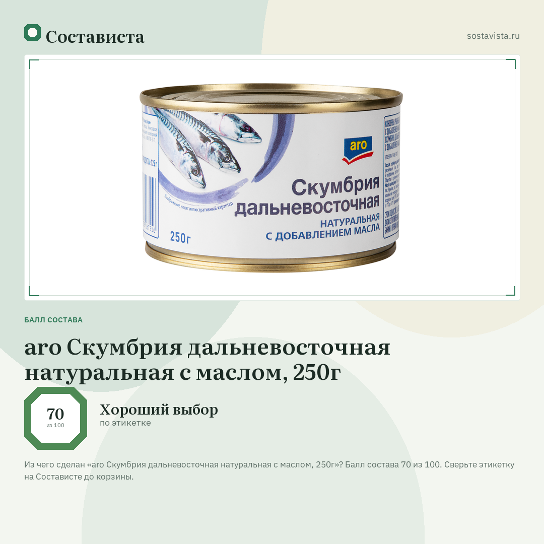 aro Скумбрия дальневосточная натуральная с маслом, 250г: балл состава 70 из 100 — Состависта