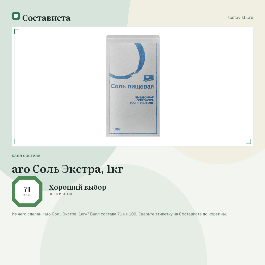 aro Соль Экстра, 1кг: балл состава 71 из 100 — Состависта