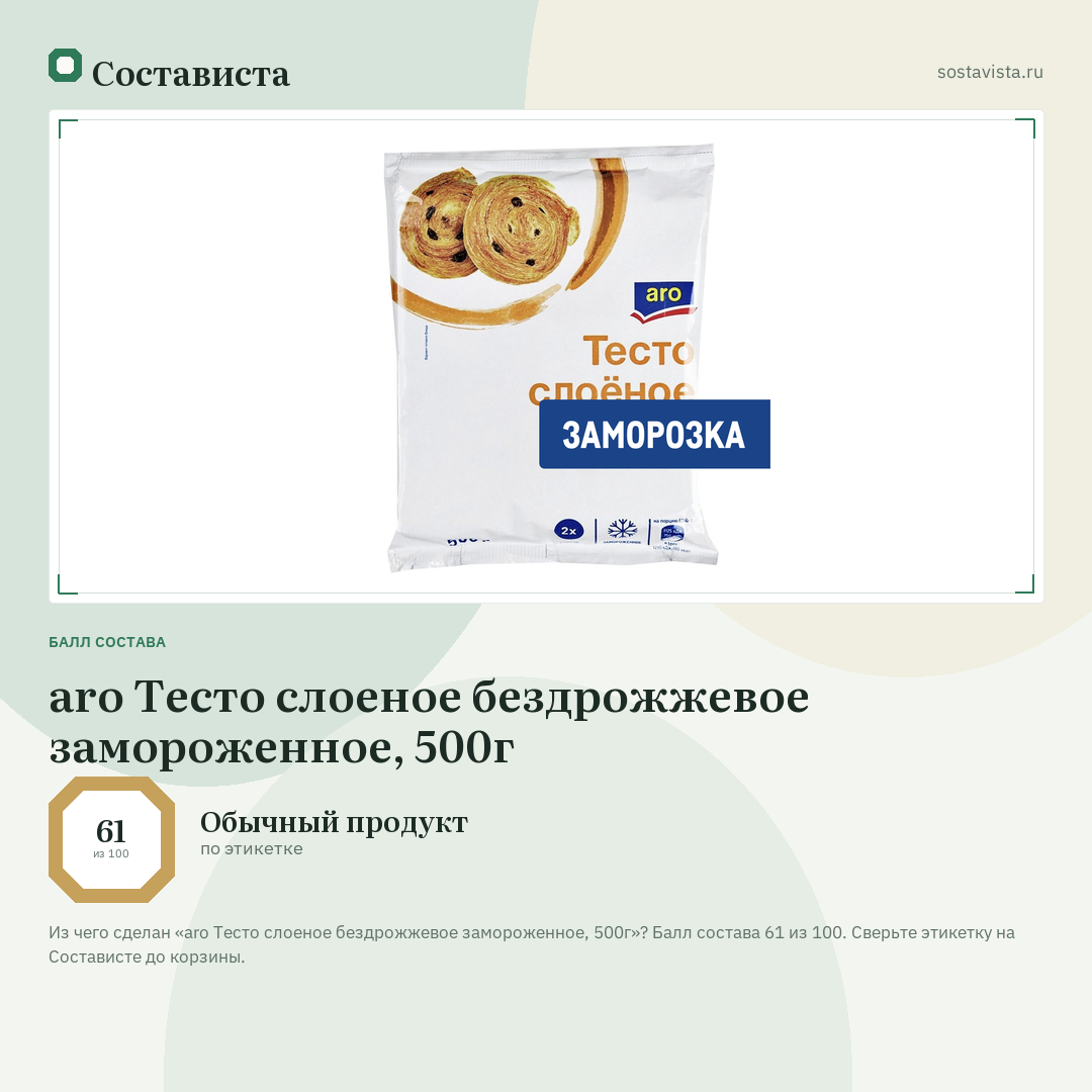 aro Тесто слоеное бездрожжевое замороженное, 500г: балл состава 61 из 100 — Состависта