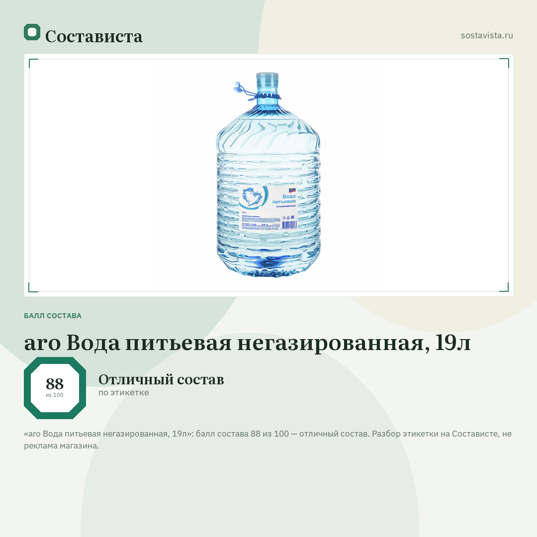 aro Вода питьевая негазированная, 19л: балл состава 88 из 100 — Состависта