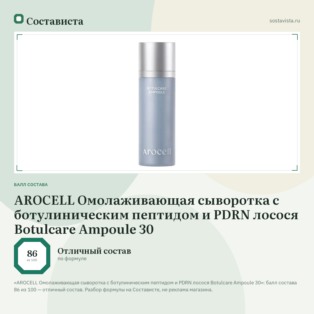 AROCELL Омолаживающая сыворотка с ботулиническим пептидом и PDRN лосося Botulcare Ampoule 30: балл состава 86 из 100 — Состависта