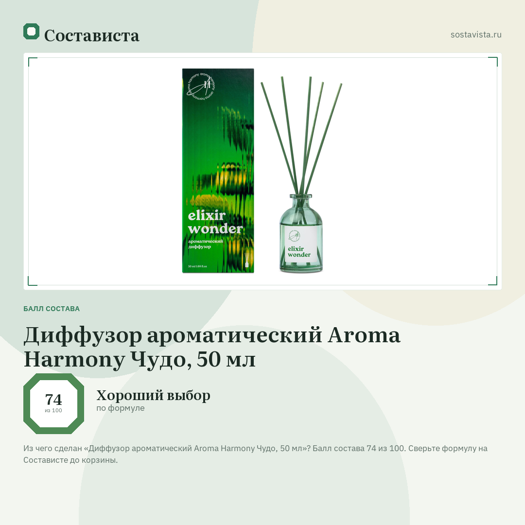 Диффузор ароматический Aroma Harmony Чудо, 50 мл: балл состава 74 из 100 — Состависта