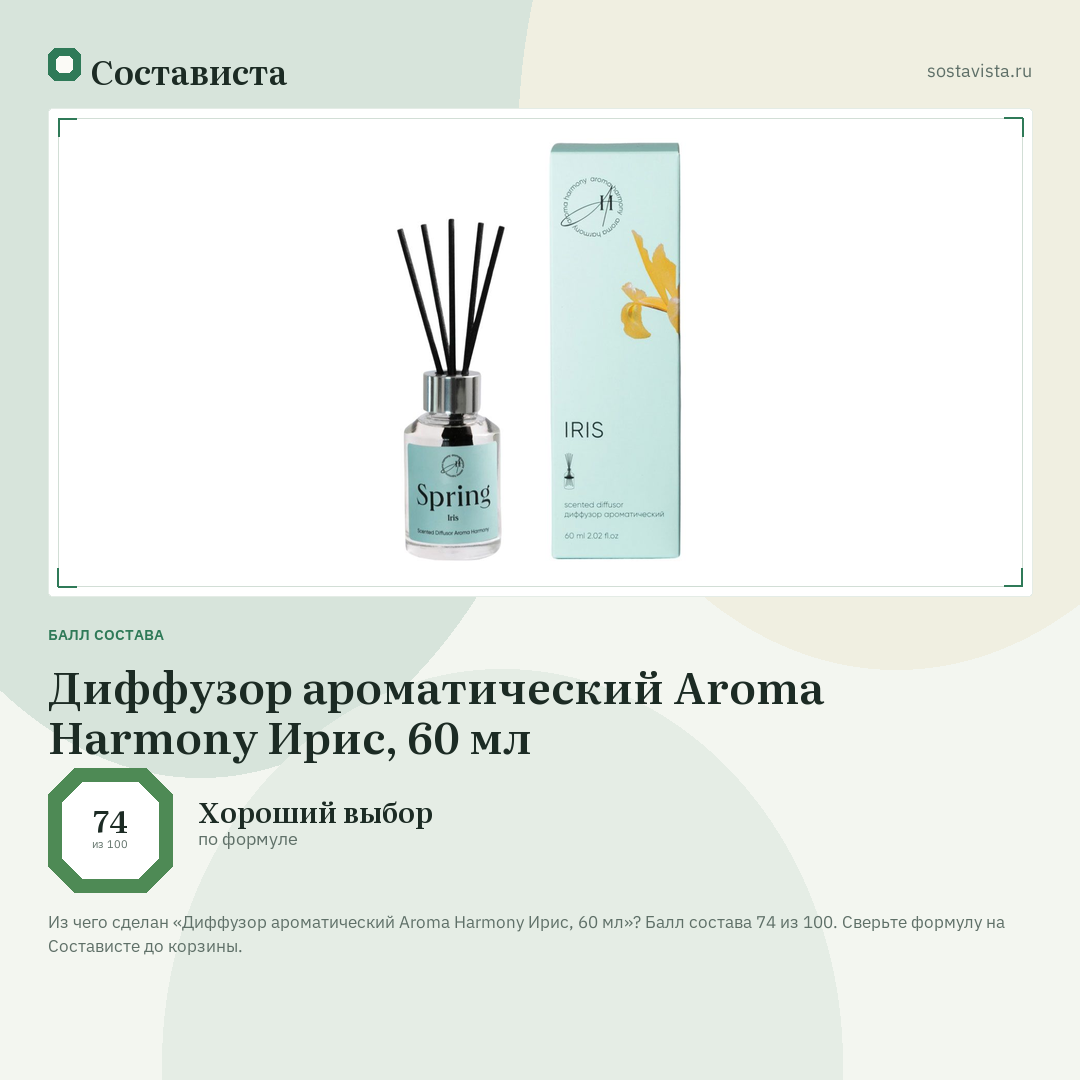 Диффузор ароматический Aroma Harmony Ирис, 60 мл: балл состава 74 из 100 — Состависта