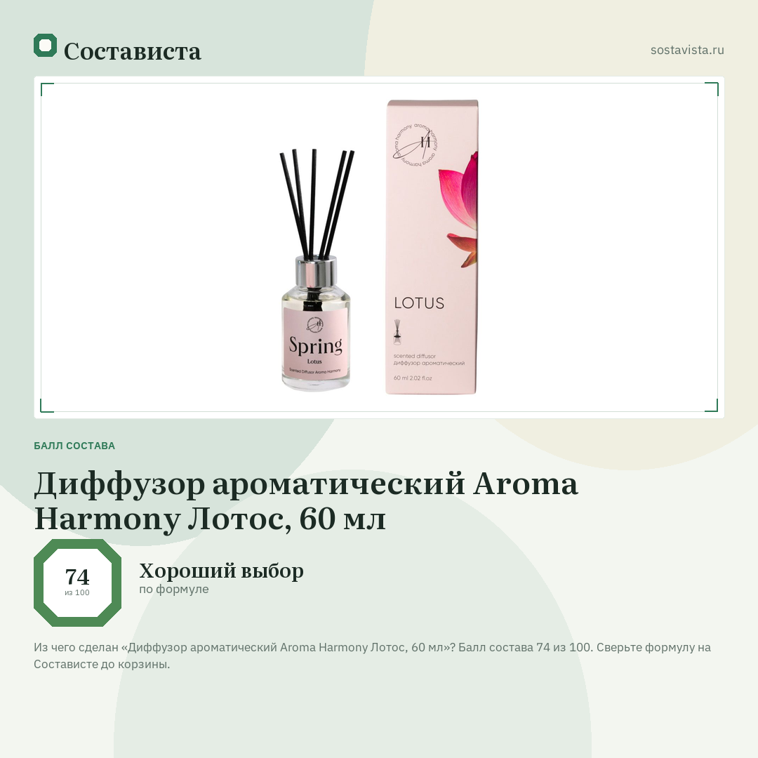 Диффузор ароматический Aroma Harmony Лотос, 60 мл: балл состава 74 из 100 — Состависта