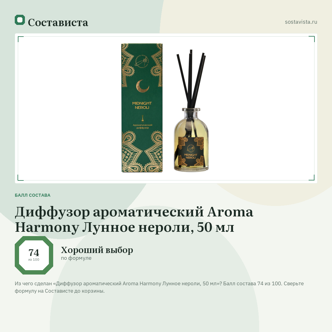 Диффузор ароматический Aroma Harmony Лунное нероли, 50 мл: балл состава 74 из 100 — Состависта