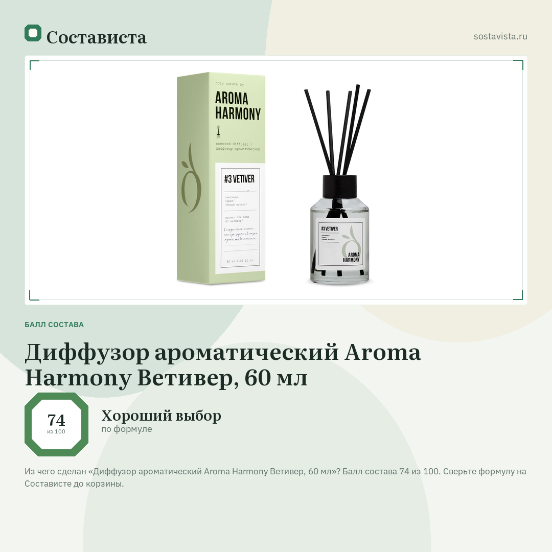Диффузор ароматический Aroma Harmony Ветивер, 60 мл: балл состава 74 из 100 — Состависта