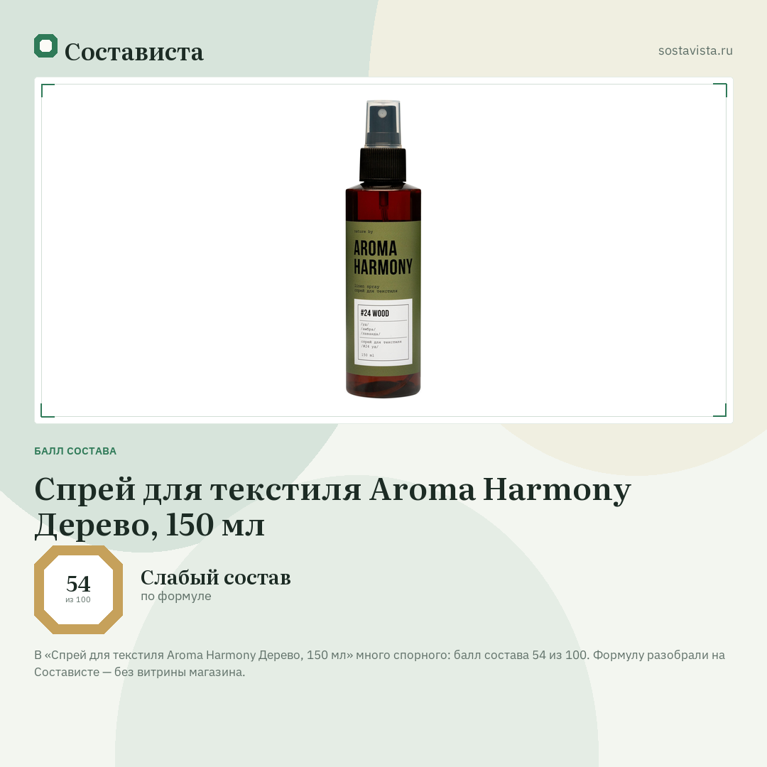 Спрей для текстиля Aroma Harmony Дерево, 150 мл: балл состава 54 из 100 — Состависта