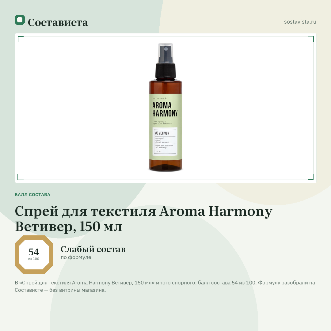 Спрей для текстиля Aroma Harmony Ветивер, 150 мл: балл состава 54 из 100 — Состависта