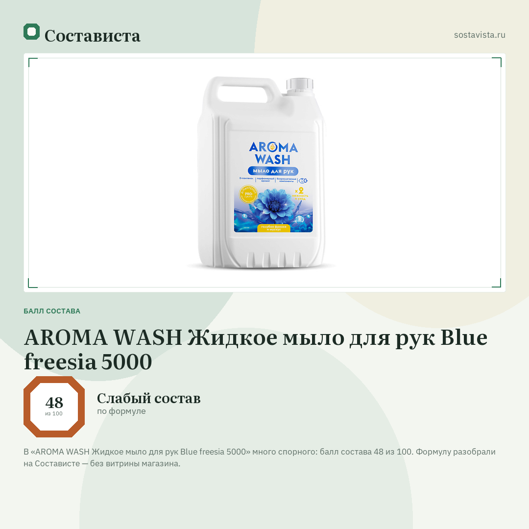 AROMA WASH Жидкое мыло для рук Blue freesia 5000: балл состава 48 из 100 — Состависта