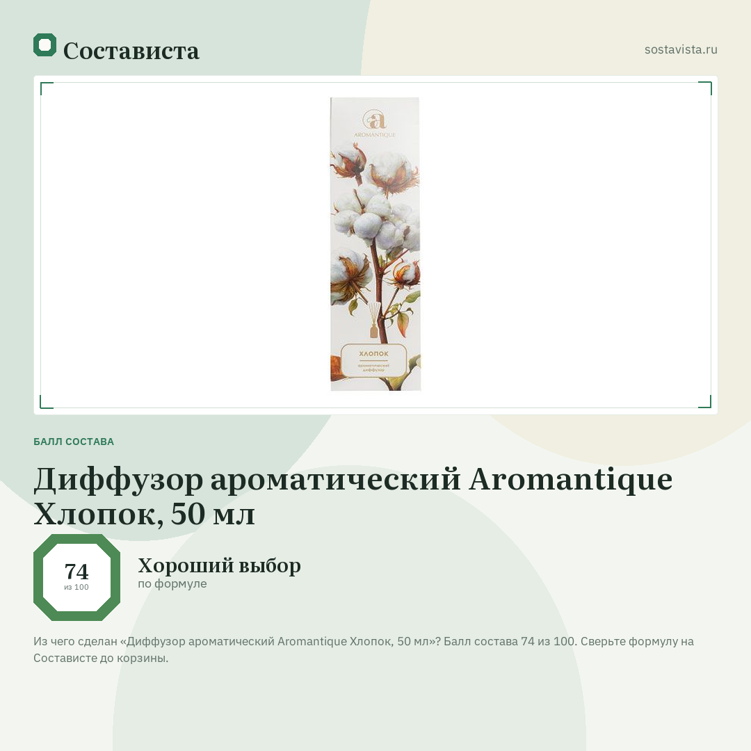 Диффузор ароматический Aromantique Хлопок, 50 мл: балл состава 74 из 100 — Состависта
