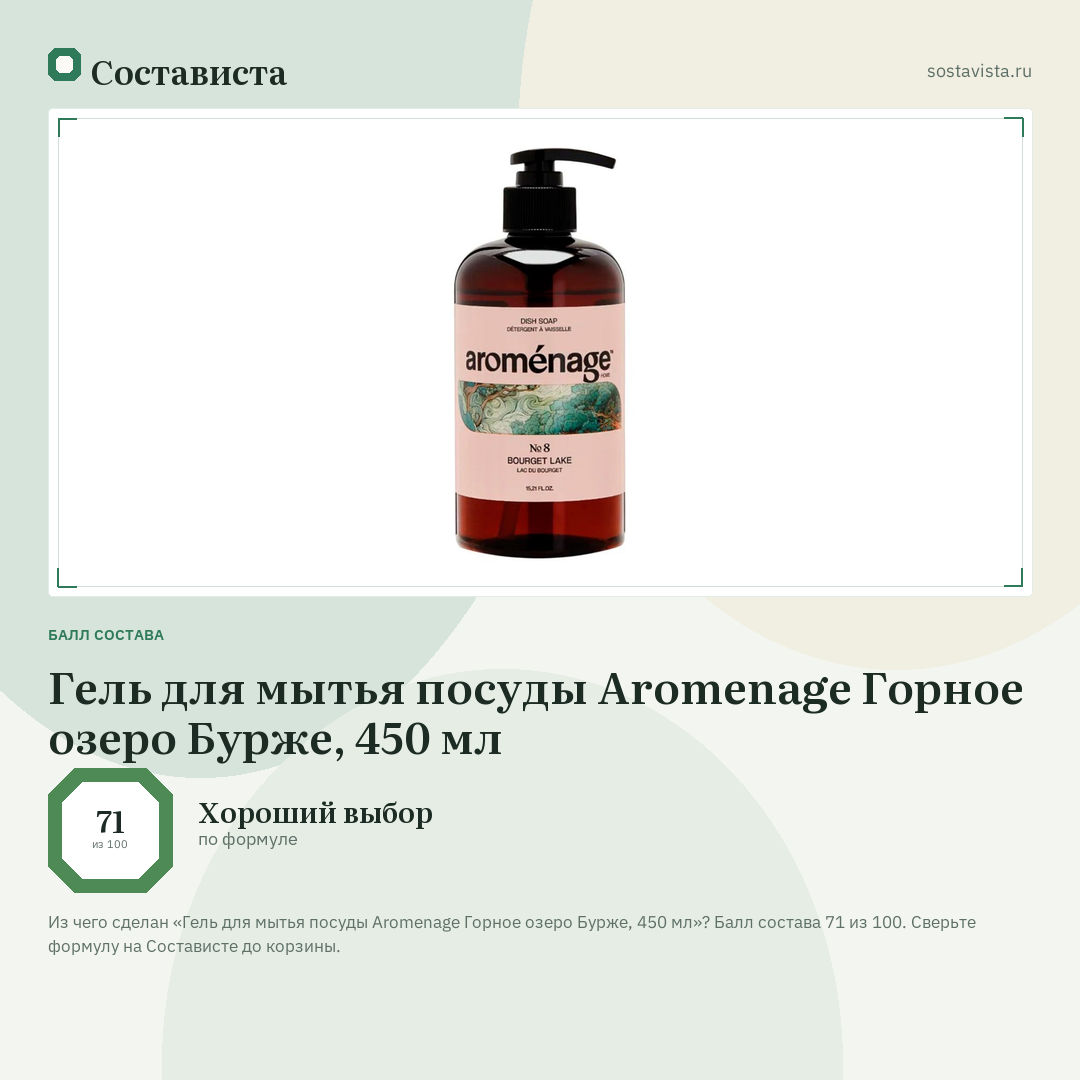 Гель для мытья посуды Aromenage Горное озеро Бурже, 450 мл: балл состава 71 из 100 — Состависта