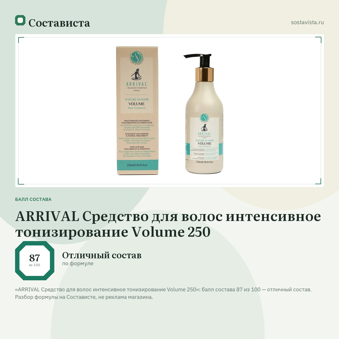 ARRIVAL Средство для волос интенсивное тонизирование Volume 250: балл состава 87 из 100 — Состависта