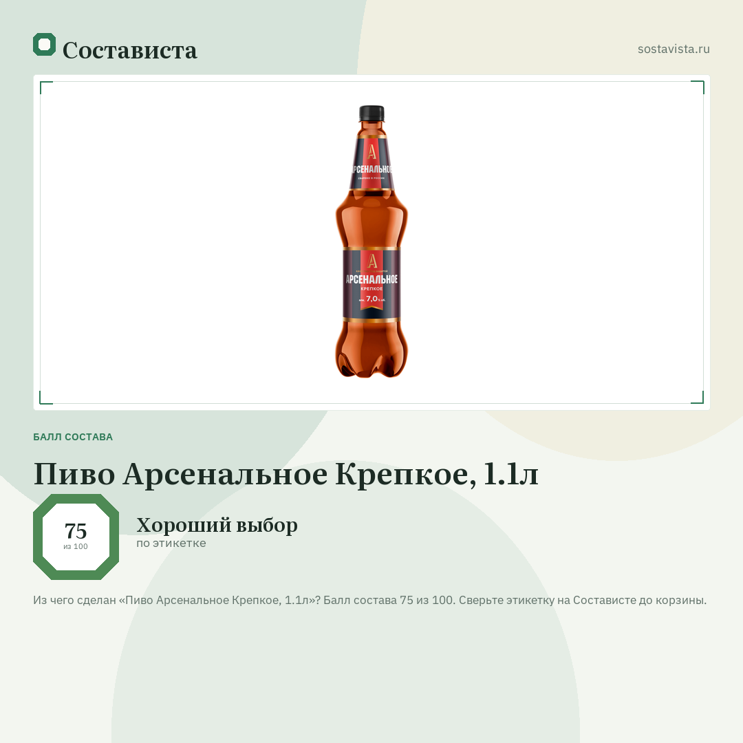 Пиво Арсенальное Крепкое, 1.1л: балл состава 75 из 100 — Состависта