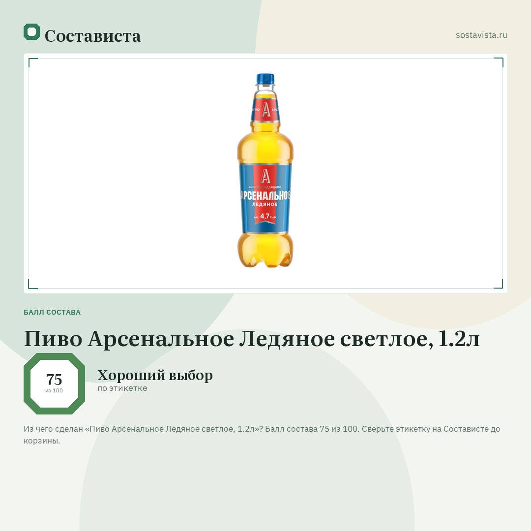 Пиво Арсенальное Ледяное светлое, 1.2л: балл состава 75 из 100 — Состависта