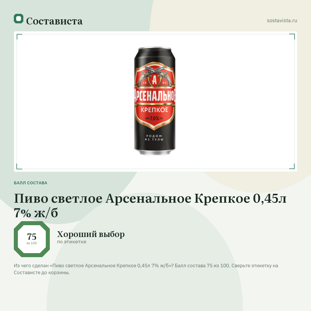 Пиво светлое Арсенальное Крепкое 0,45л 7% ж/б: балл состава 75 из 100 — Состависта