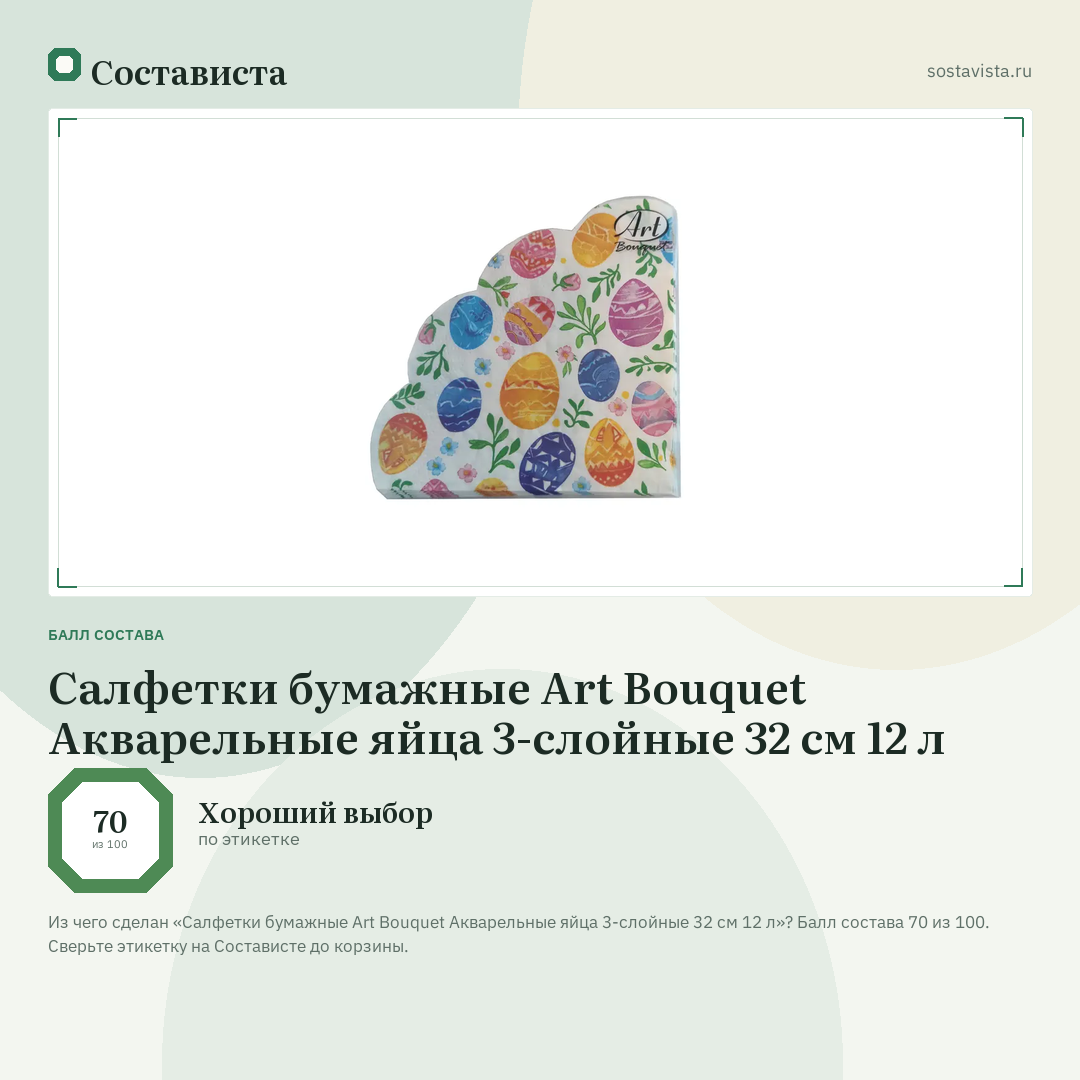 Салфетки бумажные Art Bouquet Акварельные яйца 3-слойные 32 см 12 л: балл состава 70 из 100 — Состависта