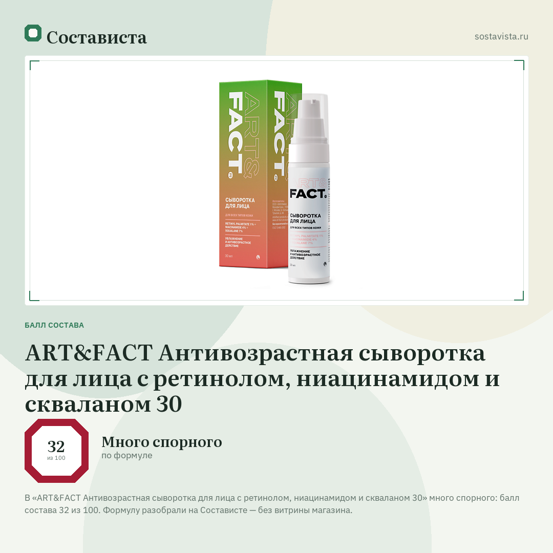 ART&FACT Антивозрастная сыворотка для лица с ретинолом, ниацинамидом и скваланом 30: балл состава 32 из 100 — Состависта