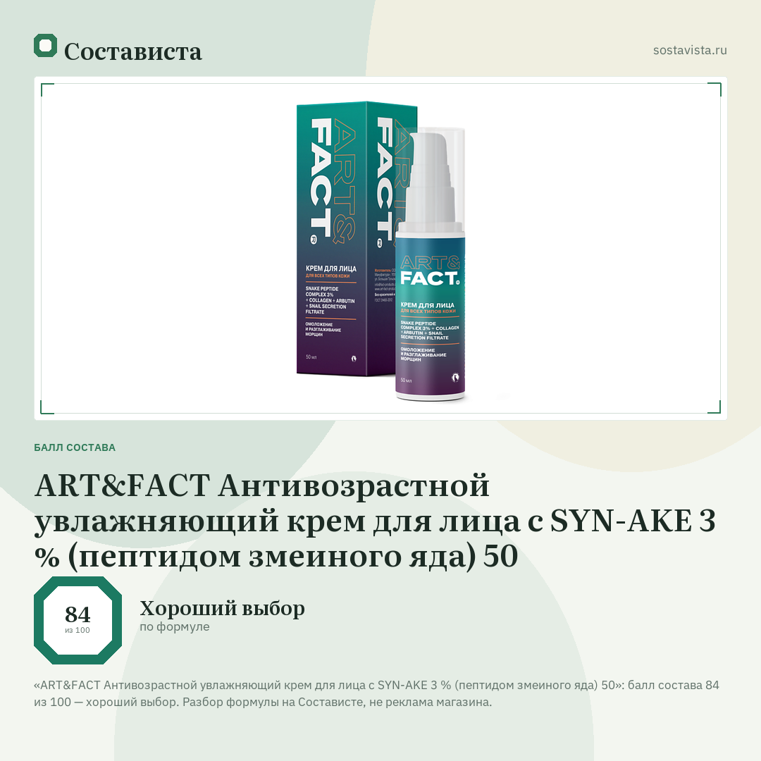 ART&FACT Антивозрастной увлажняющий крем для лица c SYN-AKE 3 % (пептидом змеиного яда) 50: балл состава 84 из 100 — Состависта