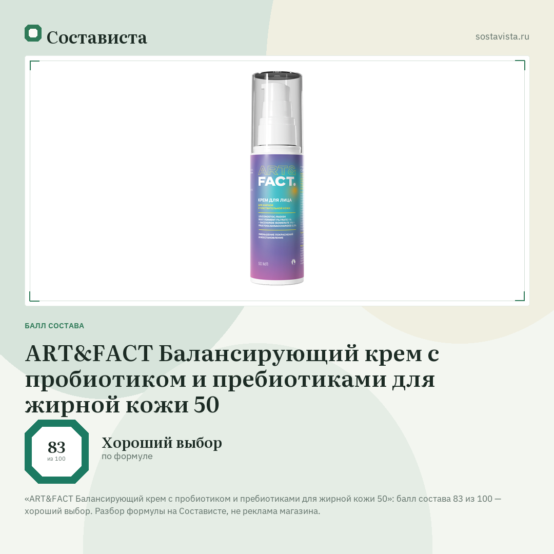 ART&FACT Балансирующий крем с пробиотиком и пребиотиками для жирной кожи 50: балл состава 83 из 100 — Состависта