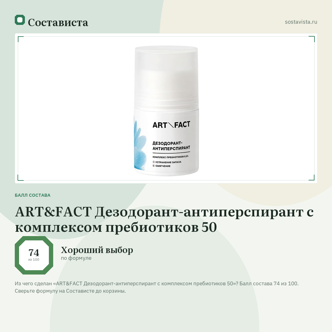 ART&FACT Дезодорант-антиперспирант с комплексом пребиотиков 50: балл состава 74 из 100 — Состависта