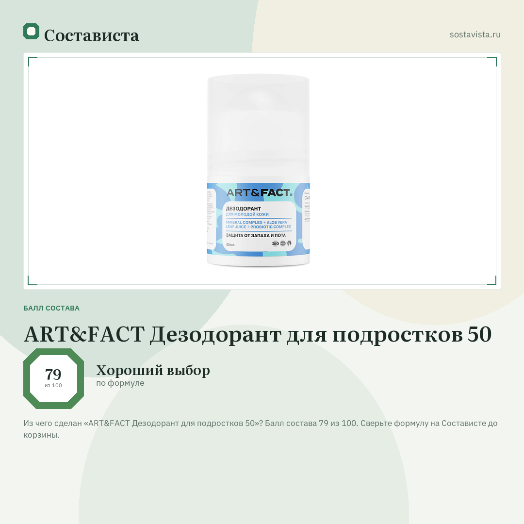 ART&FACT Дезодорант для подростков 50: балл состава 79 из 100 — Состависта