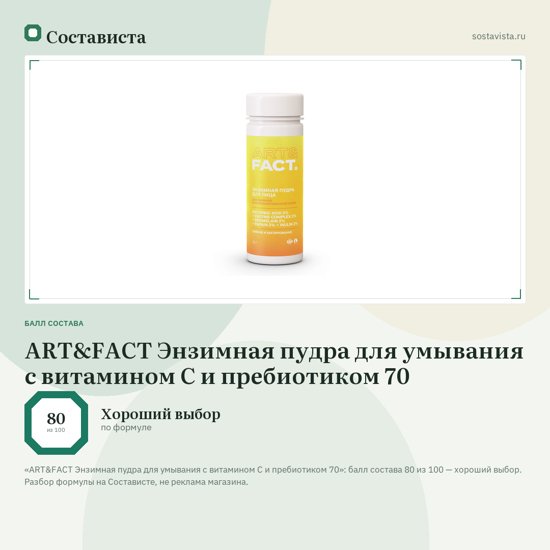 ART&FACT Энзимная пудра для умывания с витамином C и пребиотиком 70: балл состава 80 из 100 — Состависта