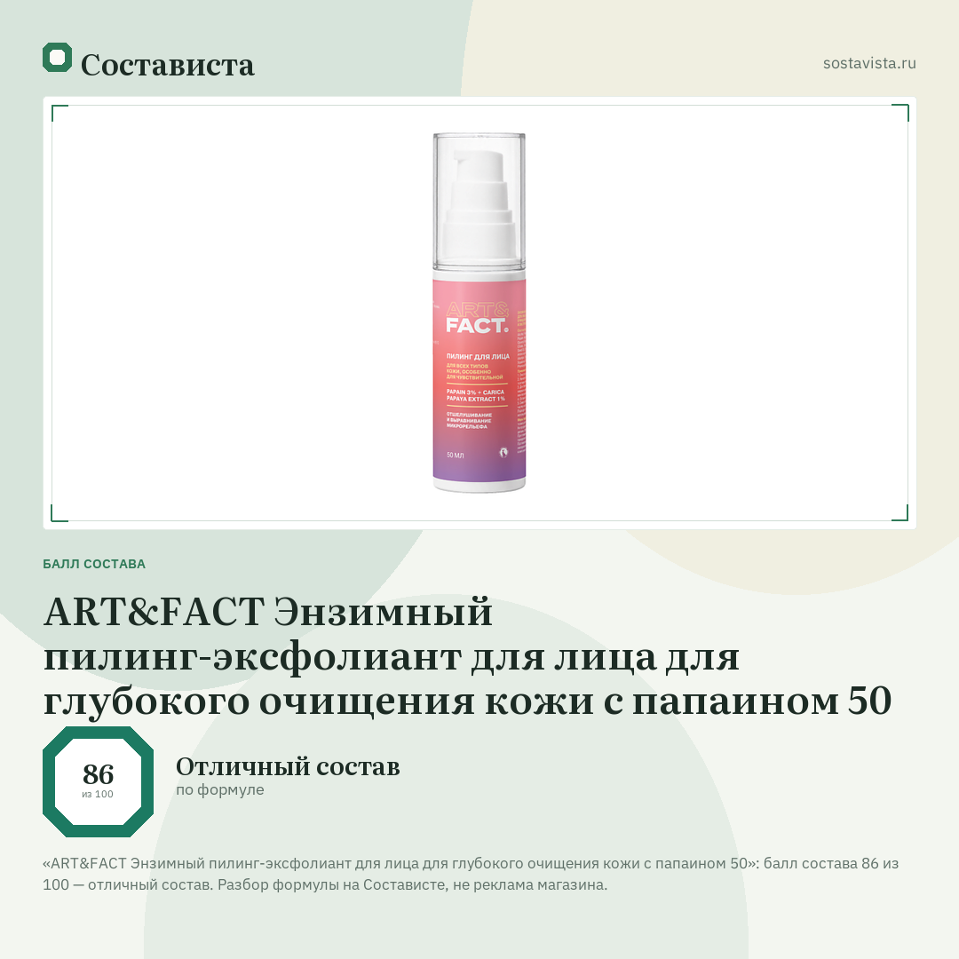 ART&FACT Энзимный пилинг-эксфолиант для лица для глубокого очищения кожи с папаином 50: балл состава 86 из 100 — Состависта