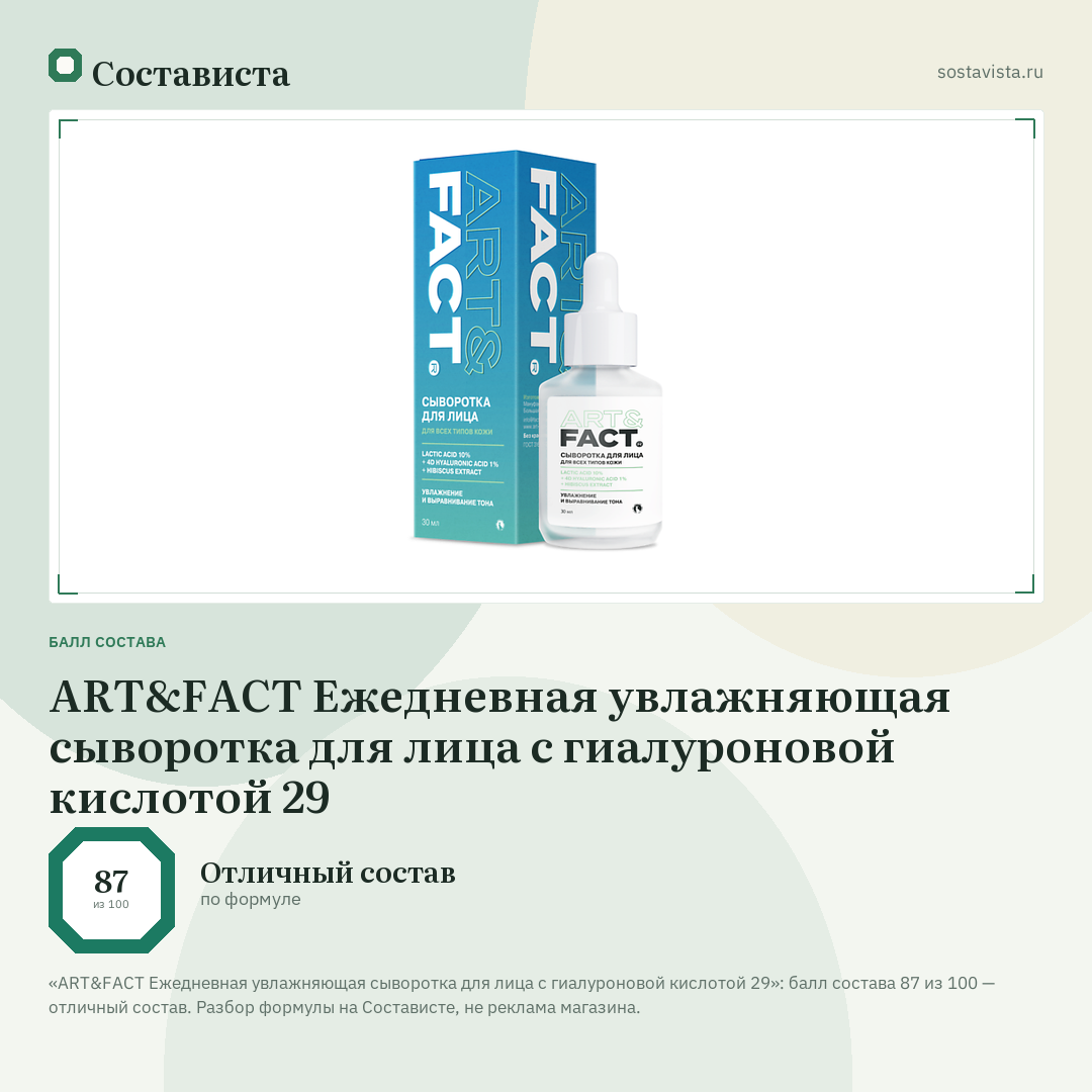 ART&FACT Ежедневная увлажняющая сыворотка для лица с гиалуроновой кислотой 29: балл состава 87 из 100 — Состависта