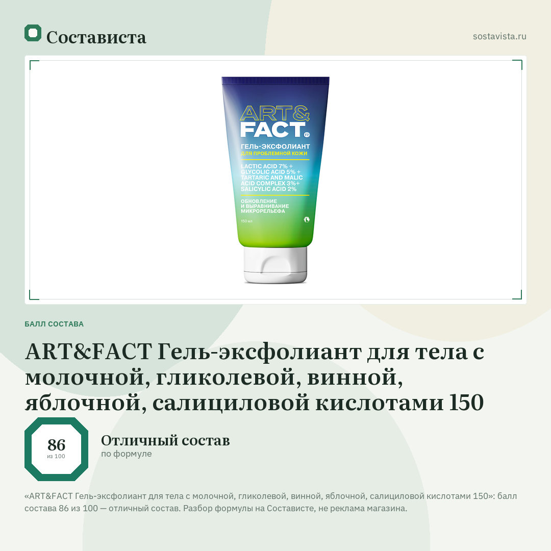 ART&FACT Гель-эксфолиант для тела с молочной, гликолевой, винной, яблочной, салициловой кислотами 150: балл состава 86 из 100 — Состависта