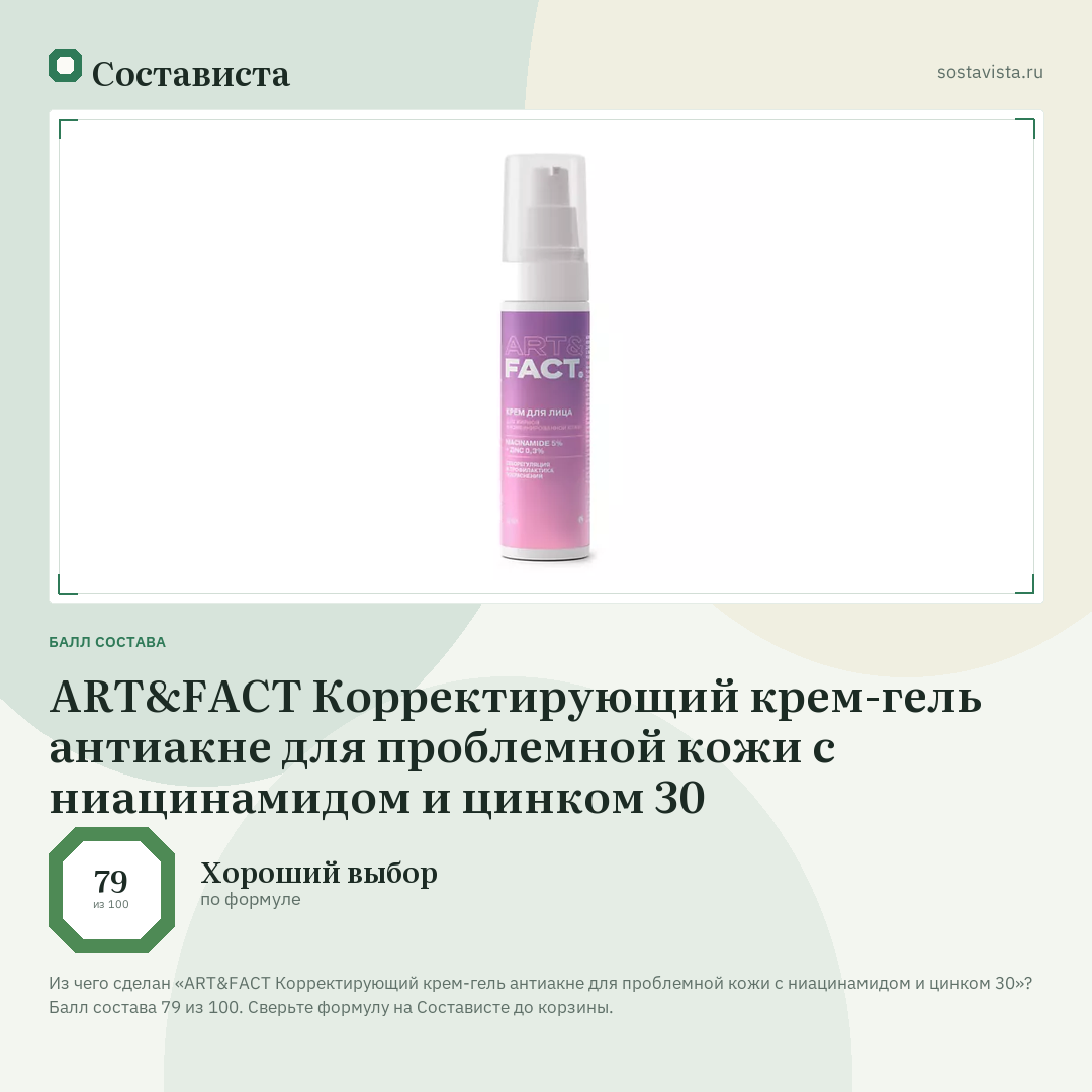 ART&FACT Корректирующий крем-гель антиакне для проблемной кожи с ниацинамидом и цинком 30: балл состава 79 из 100 — Состависта