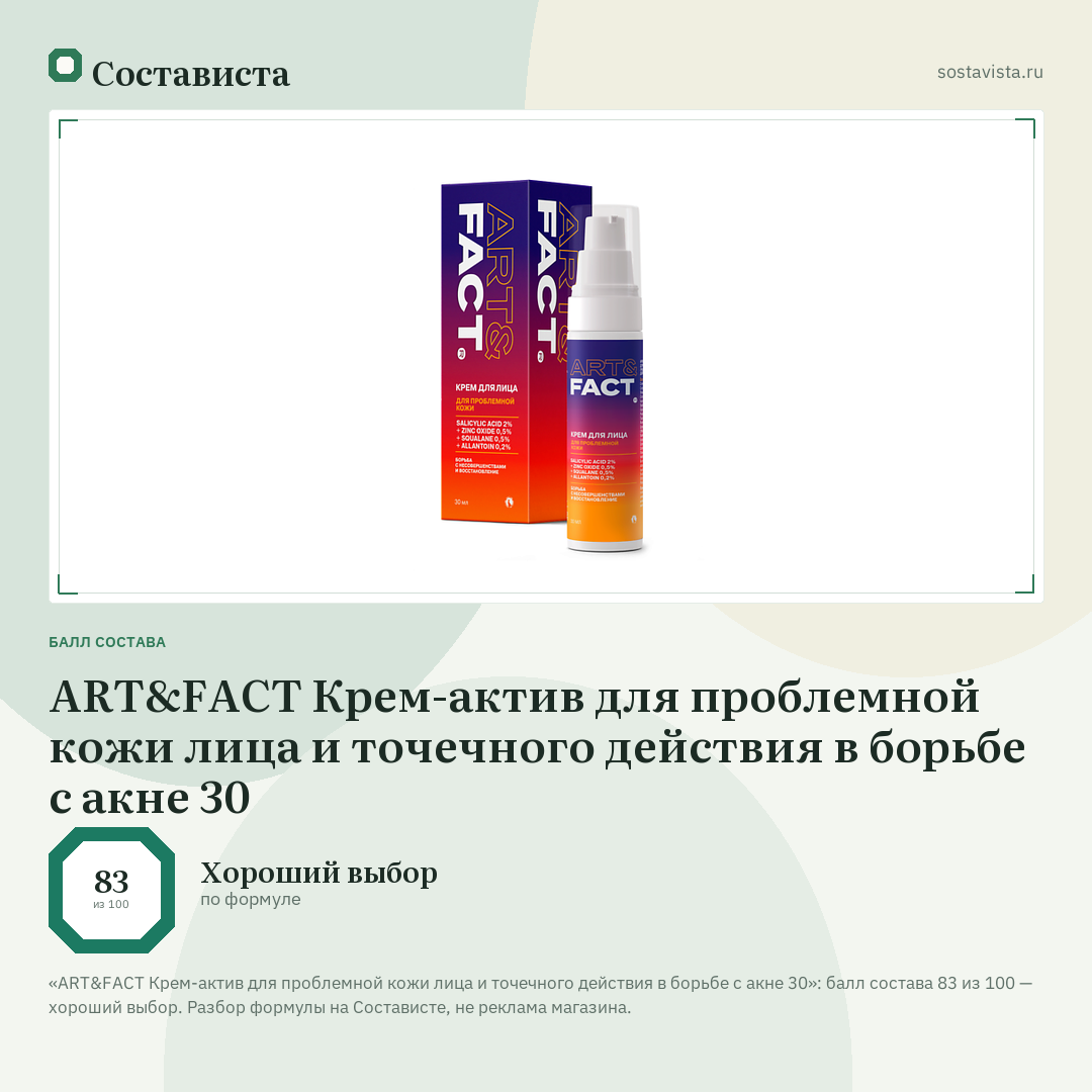 ART&FACT Крем-актив для проблемной кожи лица и точечного действия в борьбе с акне 30: балл состава 83 из 100 — Состависта