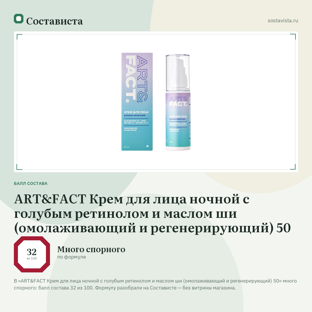 ART&FACT Крем для лица ночной с голубым ретинолом и маслом ши (омолаживающий и регенерирующий) 50: балл состава 32 из 100 — Состависта