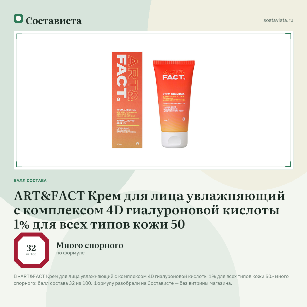 ART&FACT Крем для лица увлажняющий с комплексом 4D гиалуроновой кислоты 1% для всех типов кожи 50: балл состава 32 из 100 — Состависта