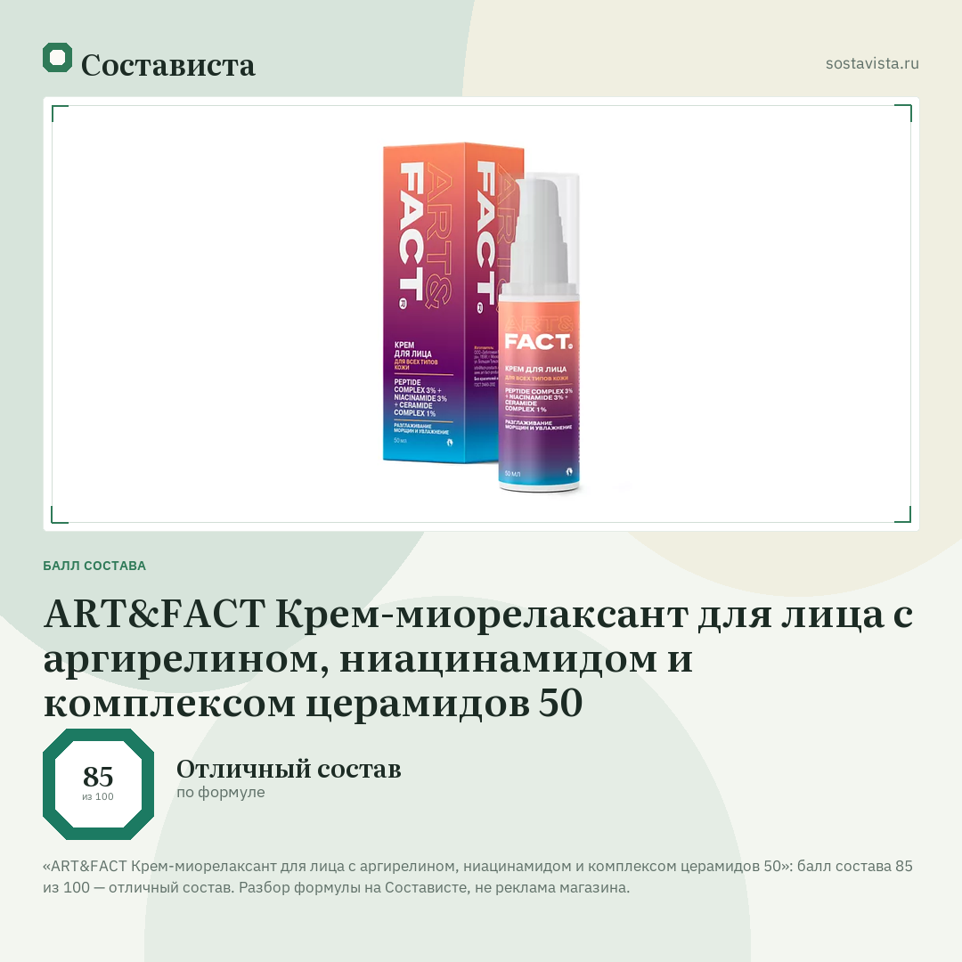 ART&FACT Крем-миорелаксант для лица с аргирелином, ниацинамидом и комплексом церамидов 50: балл состава 85 из 100 — Состависта