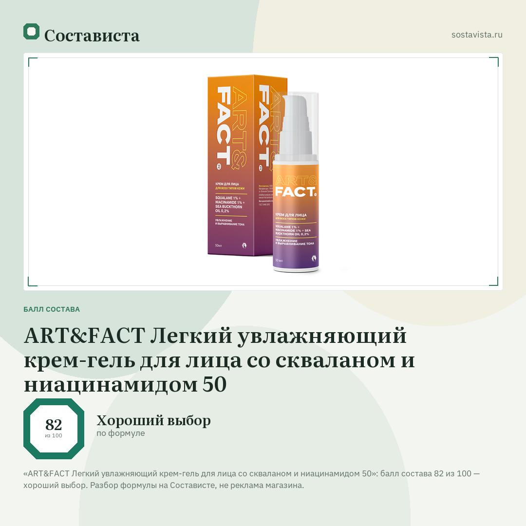 ART&FACT Легкий увлажняющий крем-гель для лица со скваланом и ниацинамидом 50: балл состава 82 из 100 — Состависта