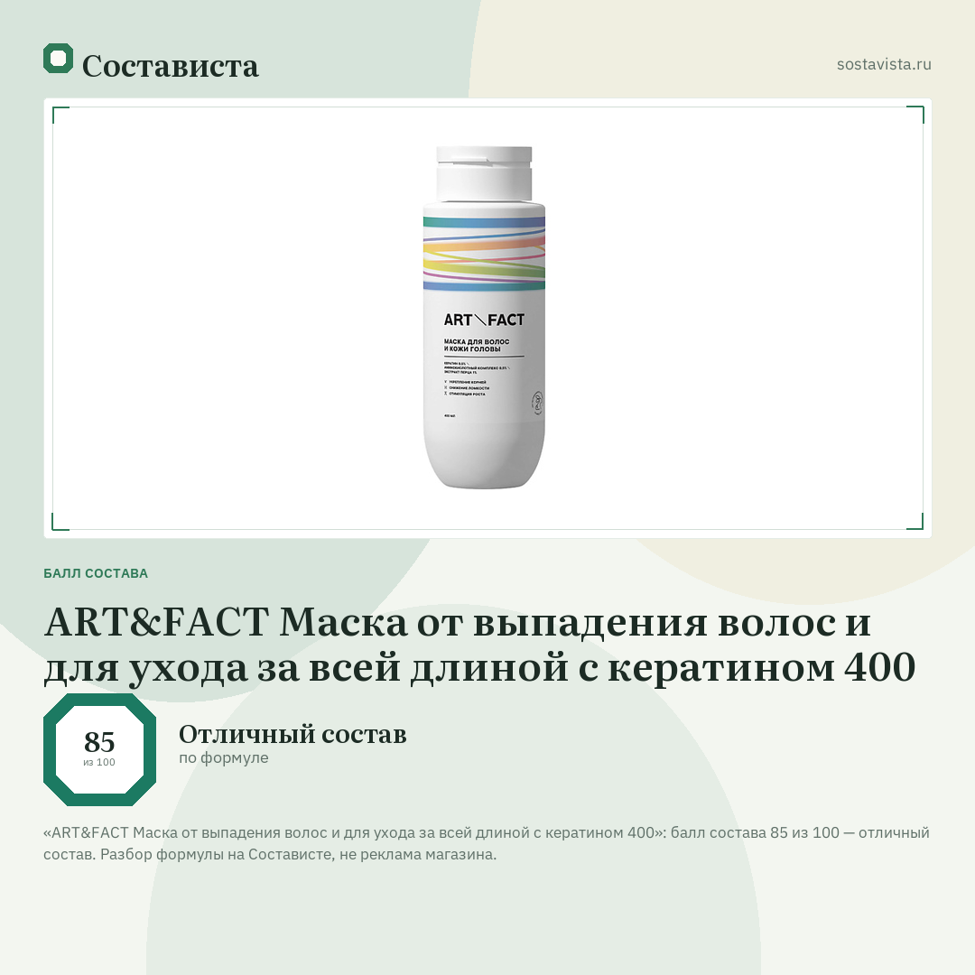ART&FACT Маска от выпадения волос и для ухода за всей длиной с кератином 400: балл состава 85 из 100 — Состависта