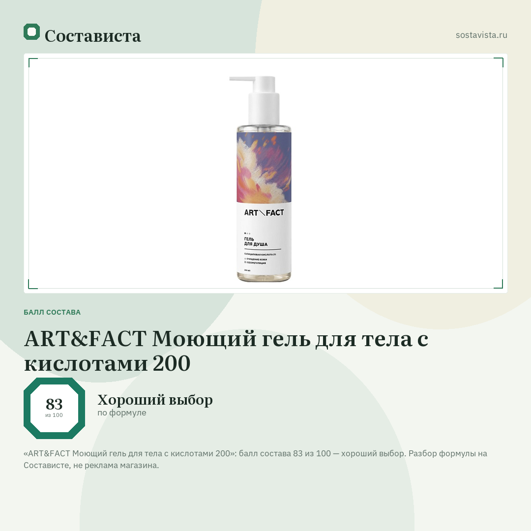 ART&FACT Моющий гель для тела с кислотами 200: балл состава 83 из 100 — Состависта