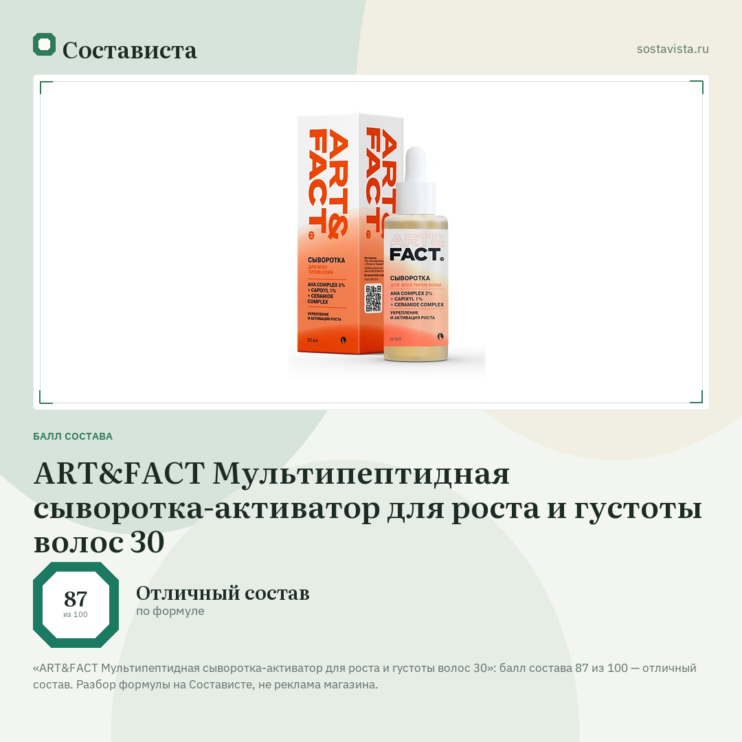 ART&FACT Мультипептидная сыворотка-активатор для роста и густоты волос 30: балл состава 87 из 100 — Состависта