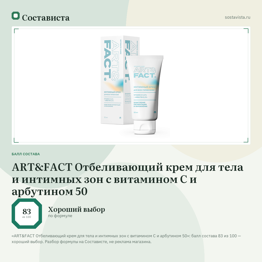 ART&FACT Отбеливающий крем для тела и интимных зон с витамином С и арбутином 50: балл состава 83 из 100 — Состависта
