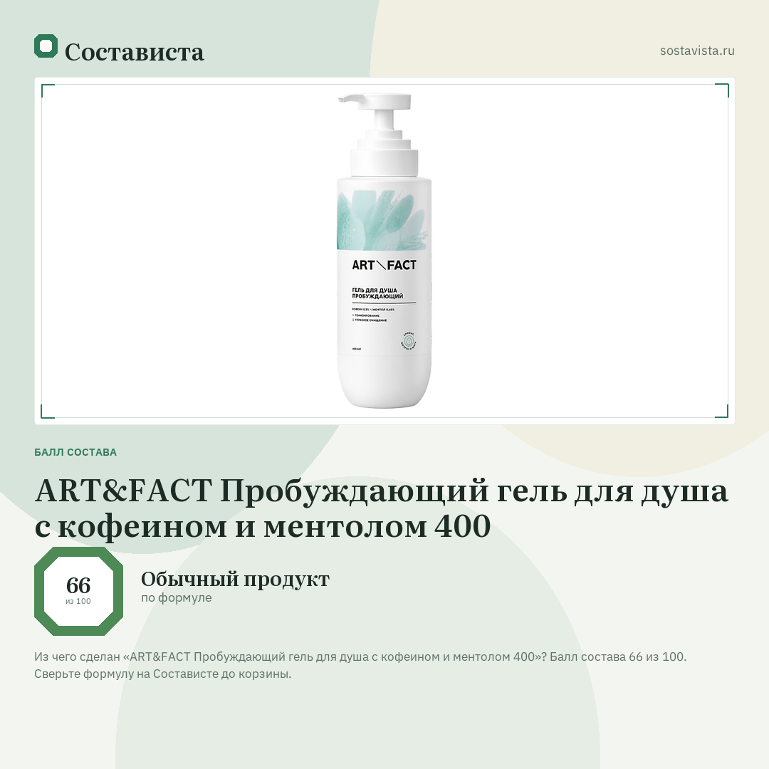 ART&FACT Пробуждающий гель для душа с кофеином и ментолом 400: балл состава 66 из 100 — Состависта