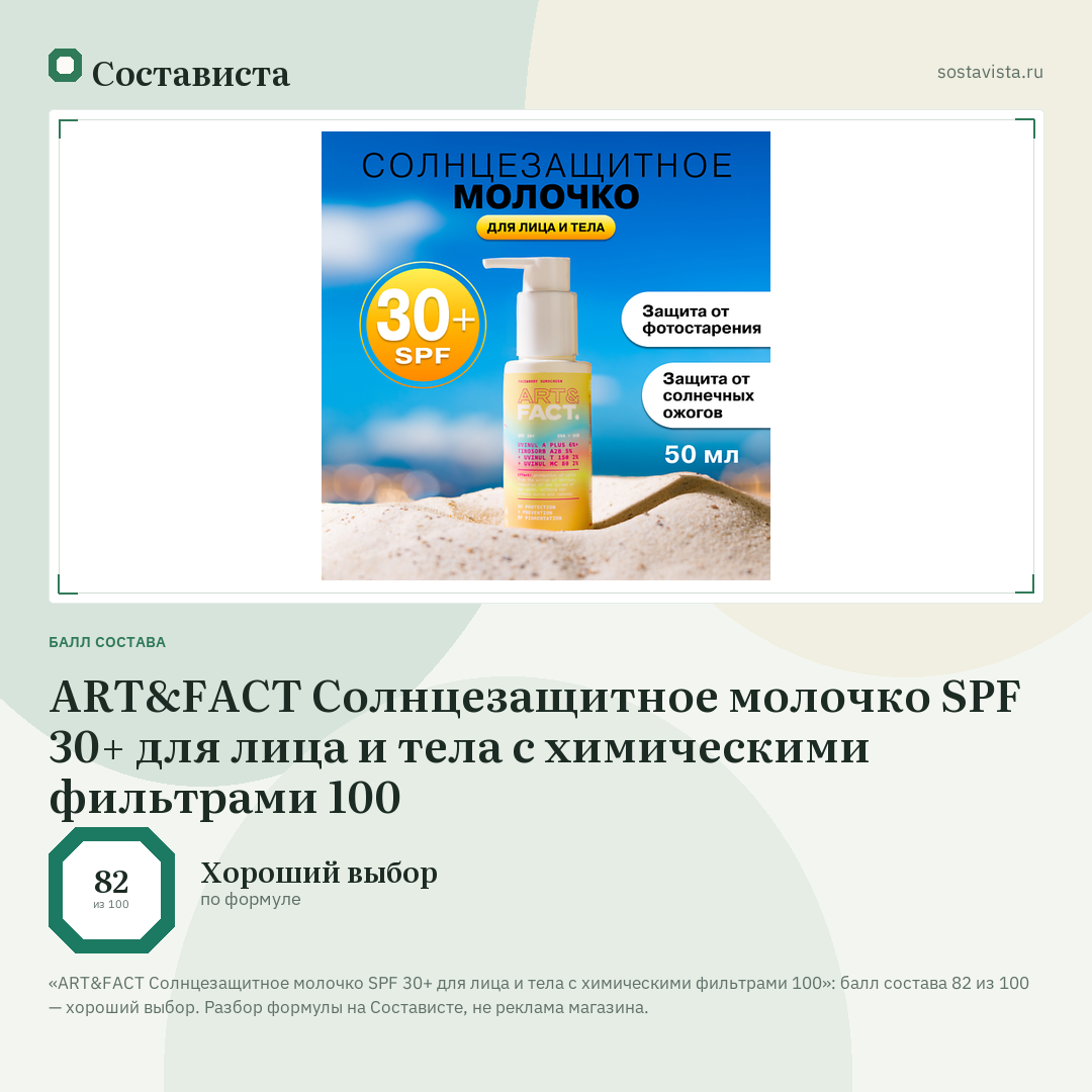 ART&FACT Солнцезащитное молочко SPF 30+ для лица и тела с химическими фильтрами 100: балл состава 82 из 100 — Состависта