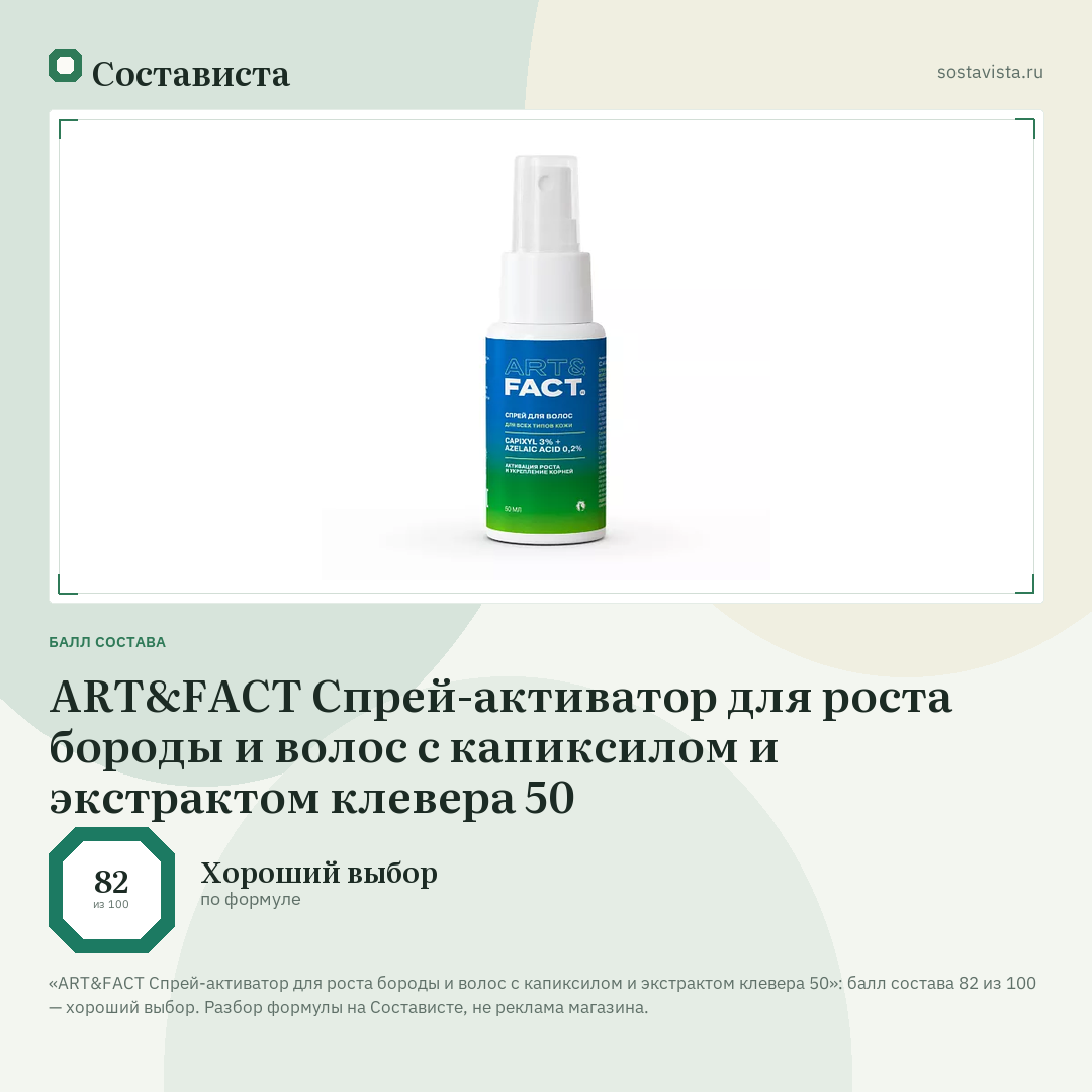 ART&FACT Спрей-активатор для роста бороды и волос с капиксилом и экстрактом клевера 50: балл состава 82 из 100 — Состависта