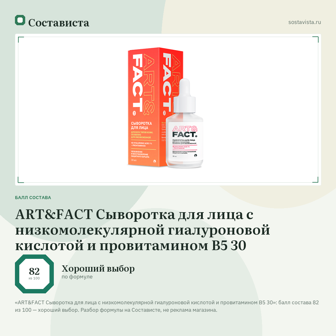 ART&FACT Сыворотка для лица с низкомолекулярной гиалуроновой кислотой и провитамином B5 30: балл состава 82 из 100 — Состависта