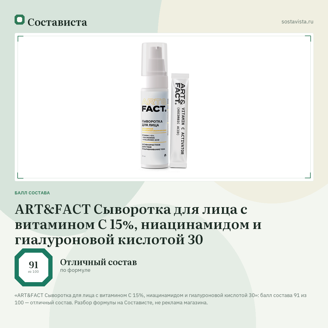 ART&FACT Сыворотка для лица с витамином С 15%, ниацинамидом и гиалуроновой кислотой 30: балл состава 91 из 100 — Состависта