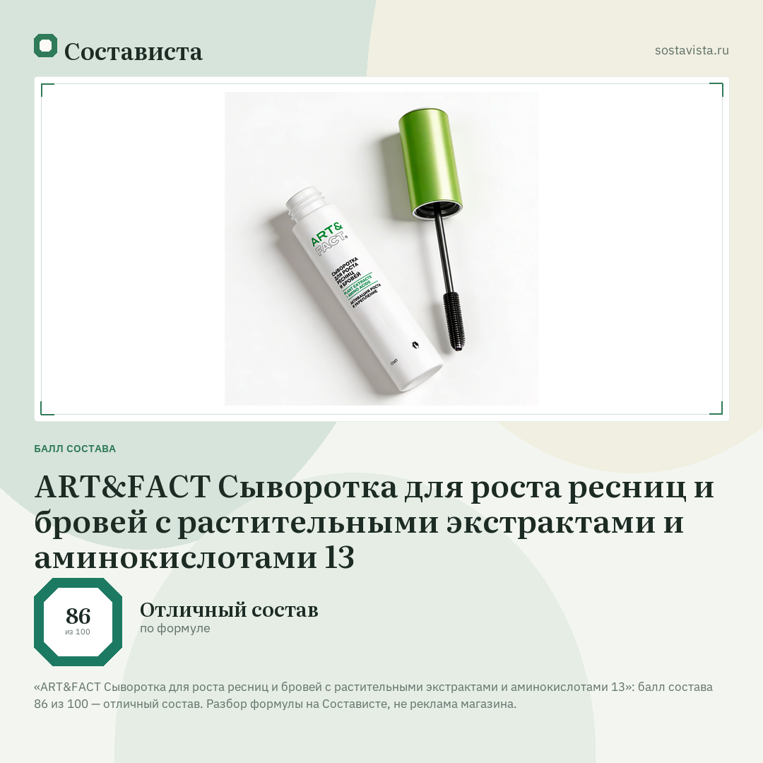 ART&FACT Сыворотка для роста ресниц и бровей с растительными экстрактами и аминокислотами 13: балл состава 86 из 100 — Состависта
