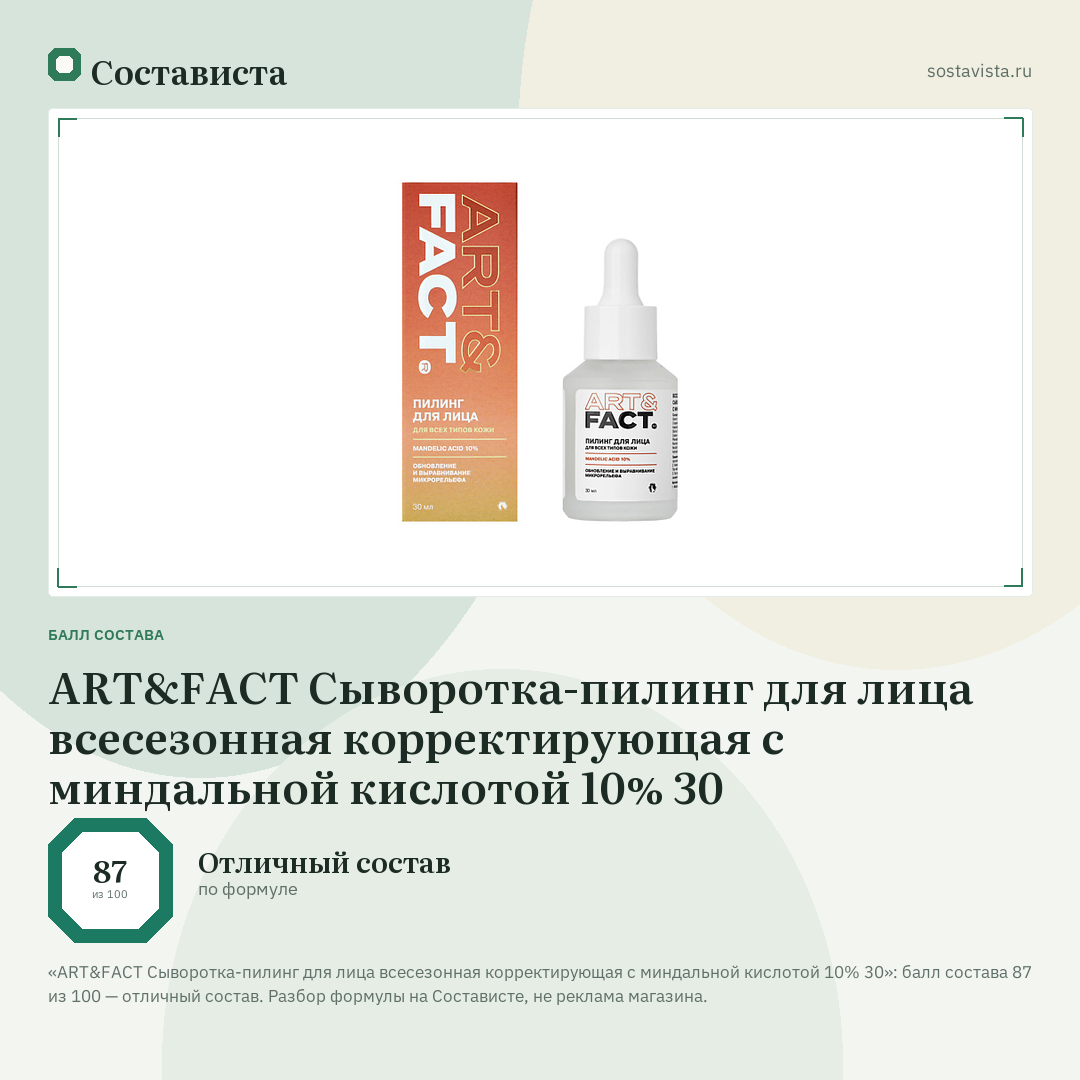 ART&FACT Сыворотка-пилинг для лица всесезонная корректирующая с миндальной кислотой 10% 30: балл состава 87 из 100 — Состависта