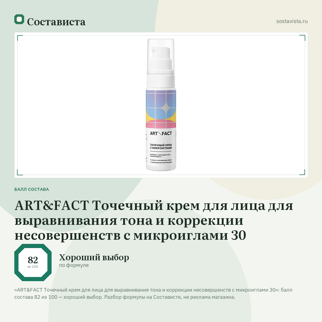 ART&FACT Точечный крем для лица для выравнивания тона и коррекции несовершенств с микроиглами 30: балл состава 82 из 100 — Состависта